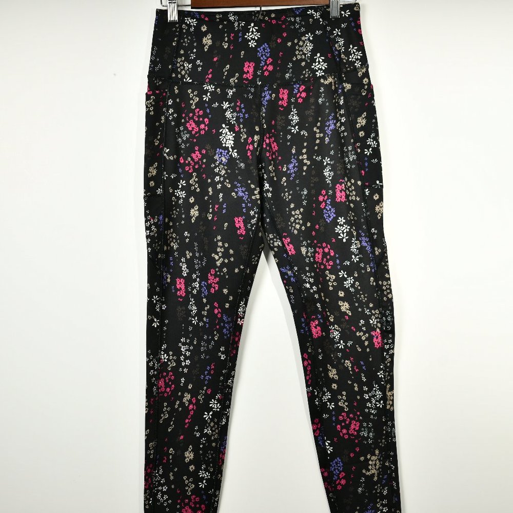 Nicole Miller Sports Yoga Athletic Black Floral Print Legging Pants Large